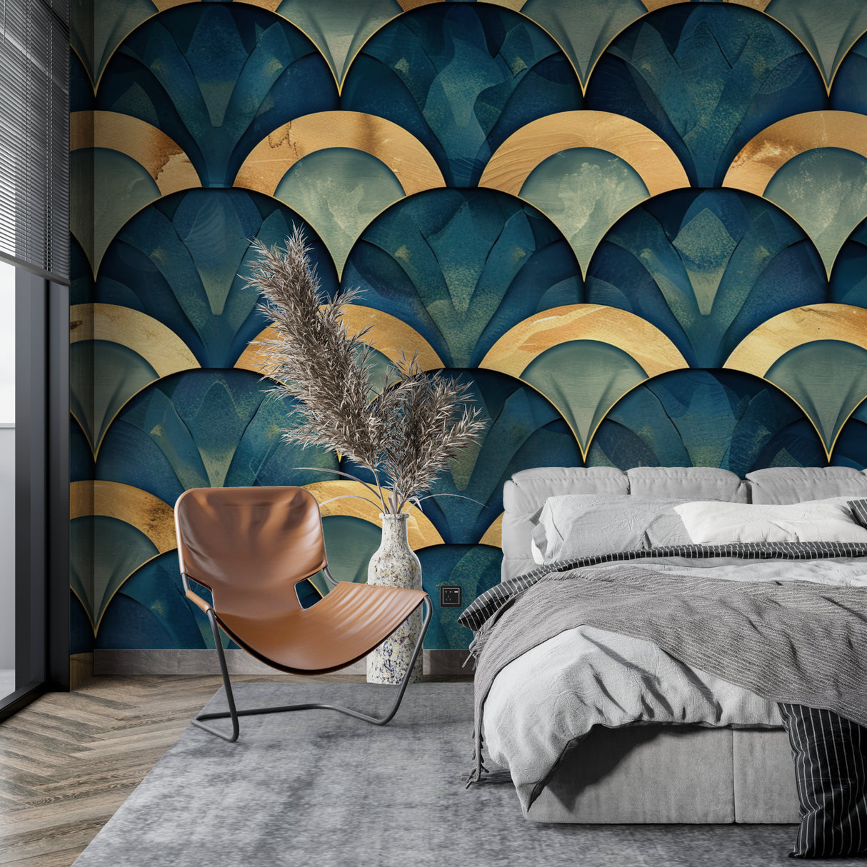 Master bedroom with art deco fan pattern wallpaper, teal blue and metallic gold accents