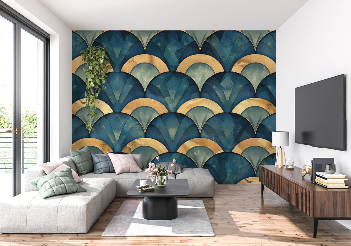 Restaurant interior featuring geometric art deco wallpaper in blue and gold