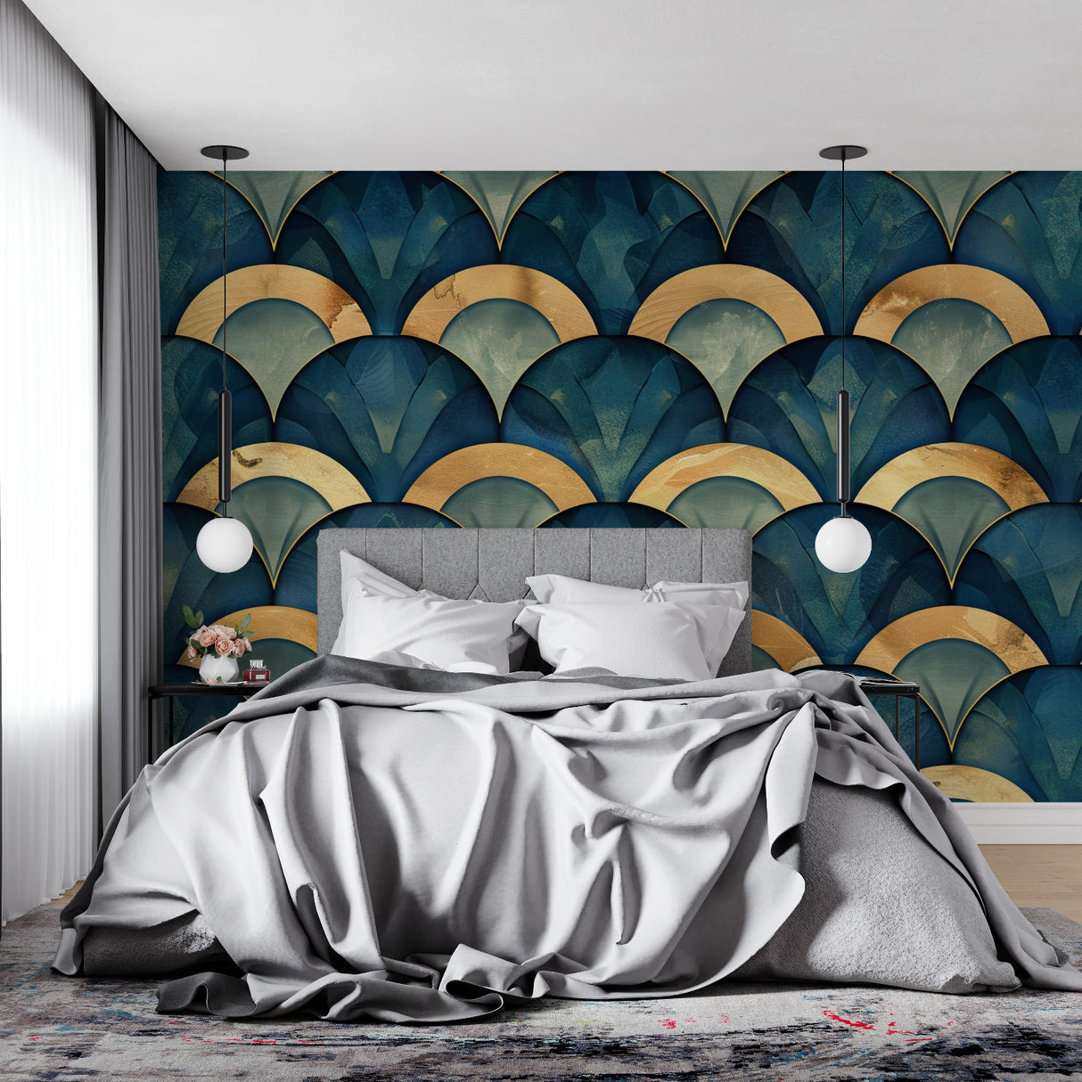 Home office with blue and gold fan pattern art deco feature wall