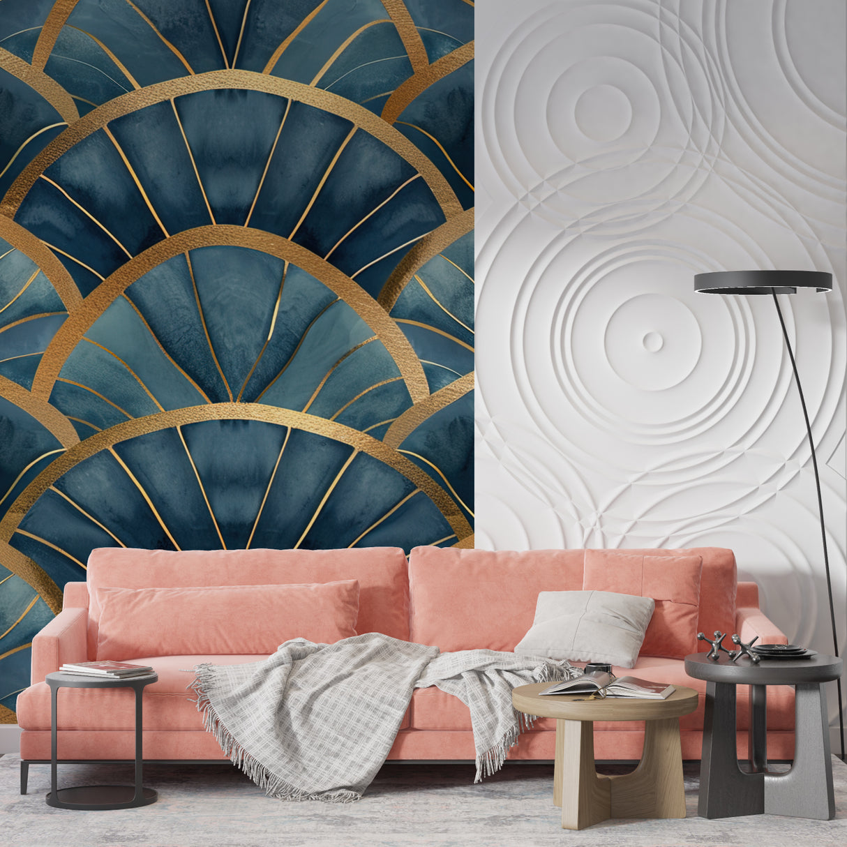 Art deco fan pattern wallpaper in elegant dining room with crystal chandelier