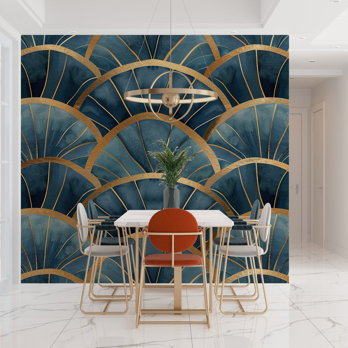 Blue and gold art deco wallpaper in modern hotel lobby