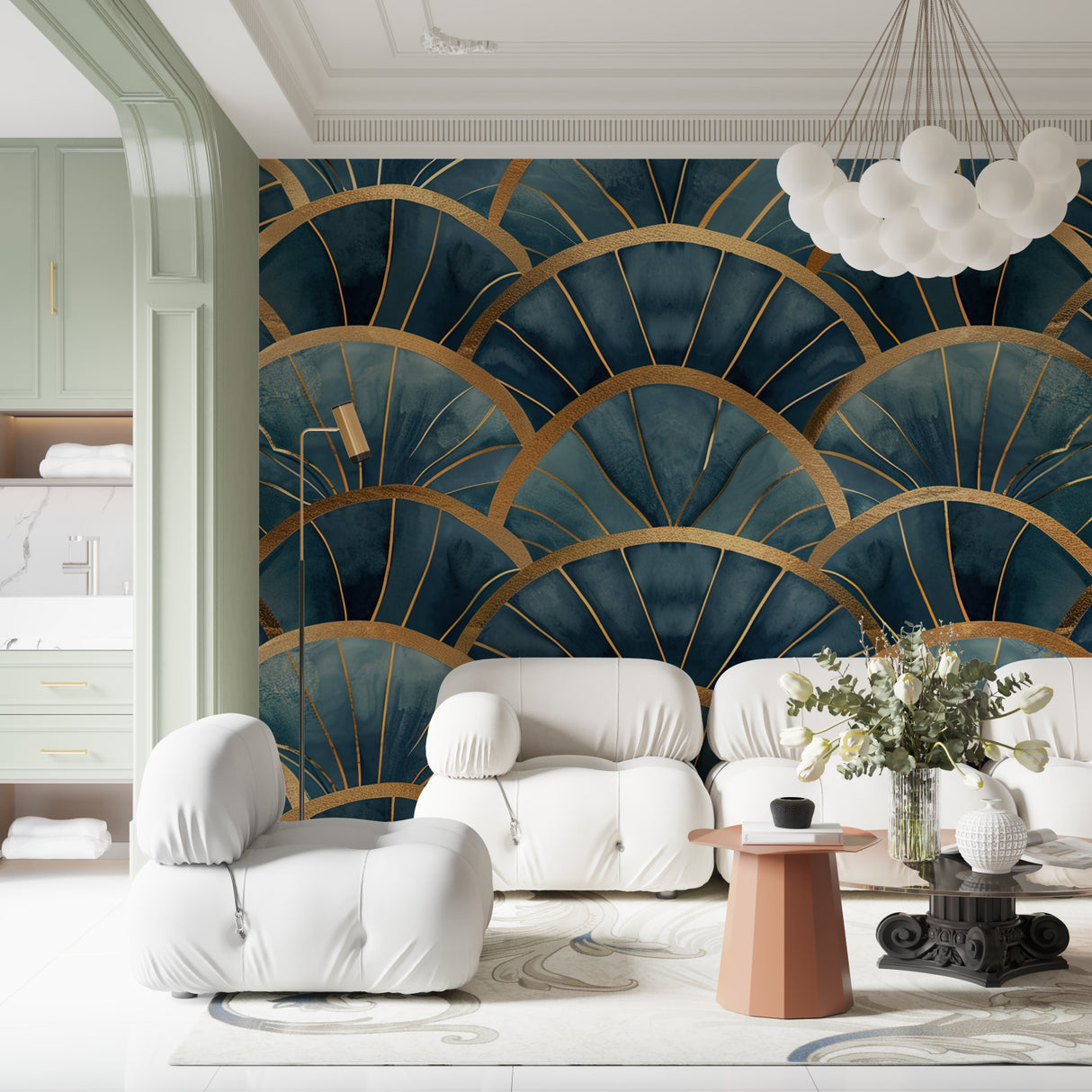 Geometric fan pattern mural in master bedroom with brass accents