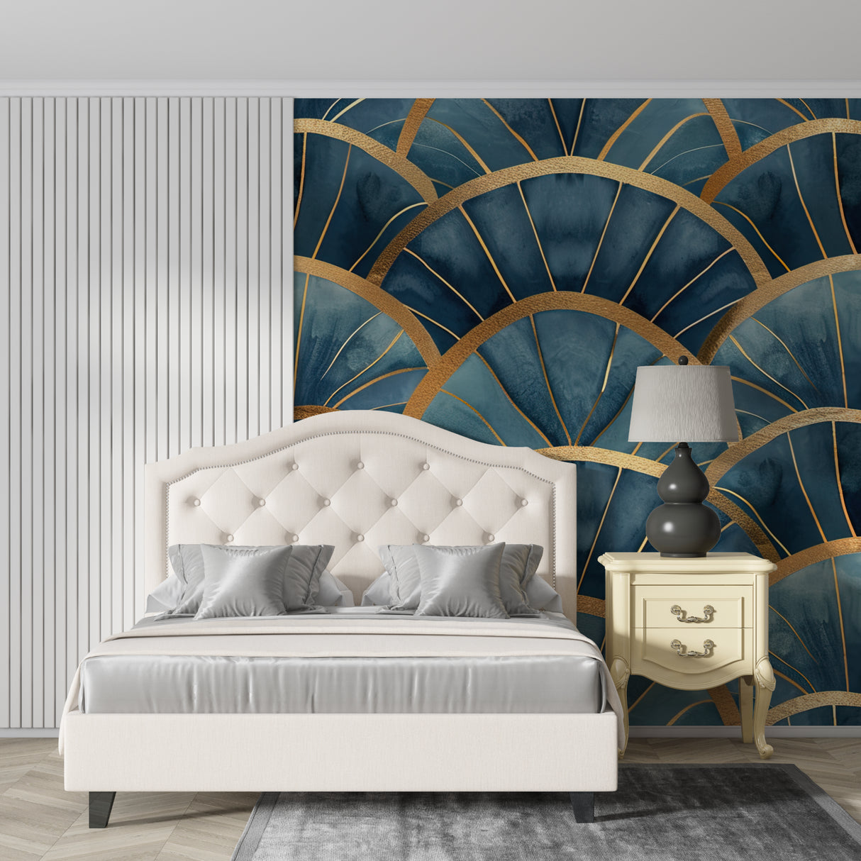 Art deco wall mural in luxury bathroom with gold fixtures