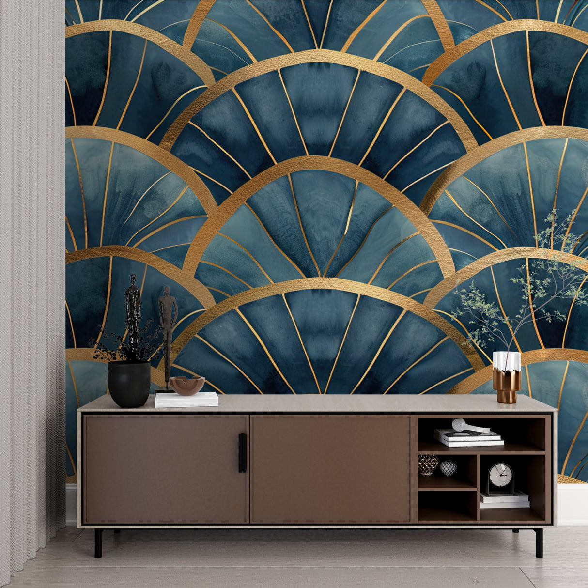 Blue and gold fan pattern in home office with vintage furniture