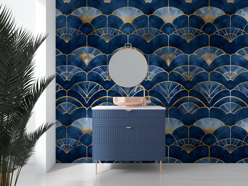 Art deco fan pattern wallpaper in navy and gold creating drama in modern living room