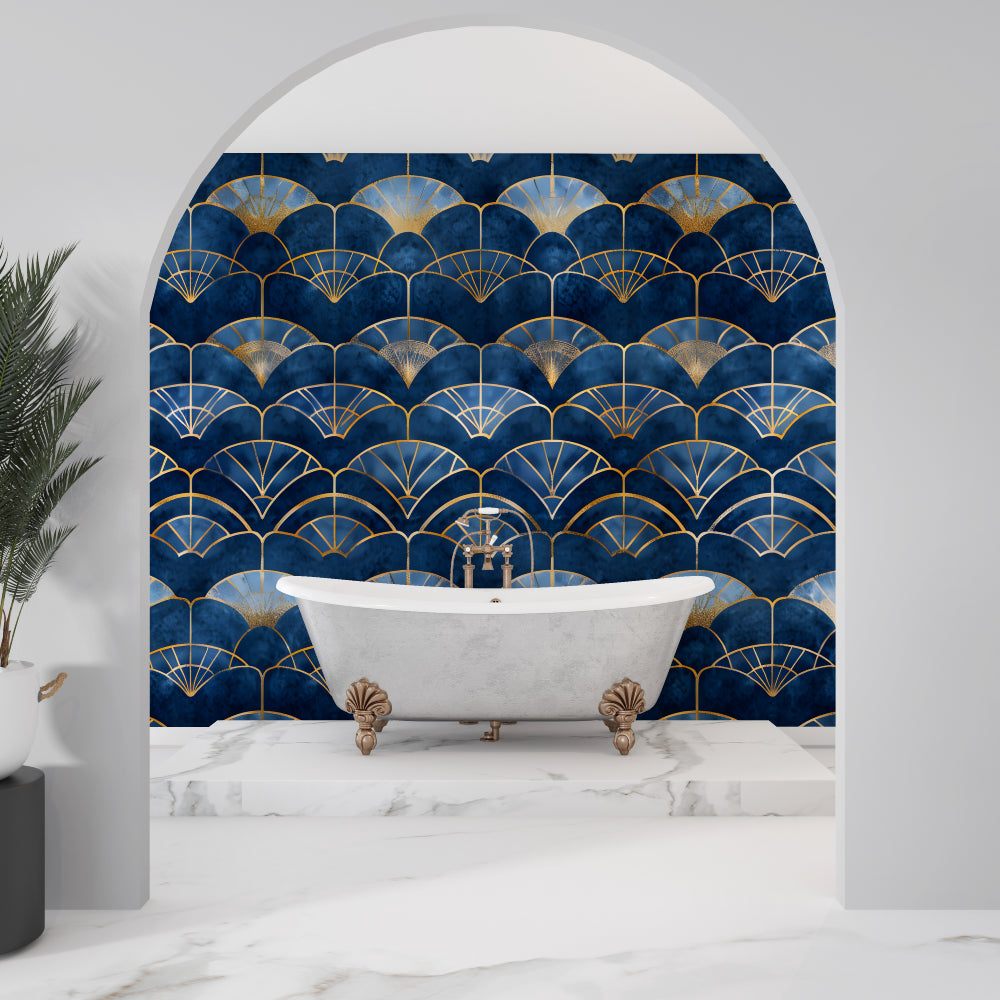 Blue and gold geometric art deco wallpaper making statement in dining room