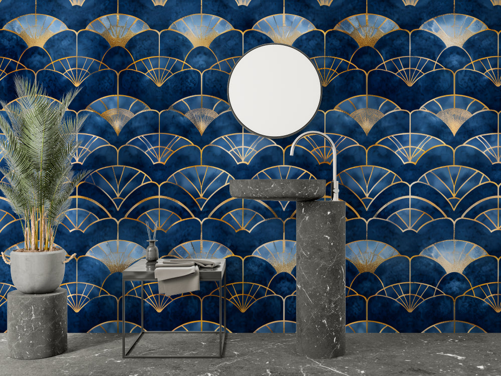 Art deco fan wallpaper bringing luxury to master bedroom accent wall