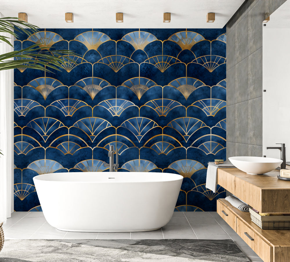 Navy and gold art deco pattern transforming powder room walls