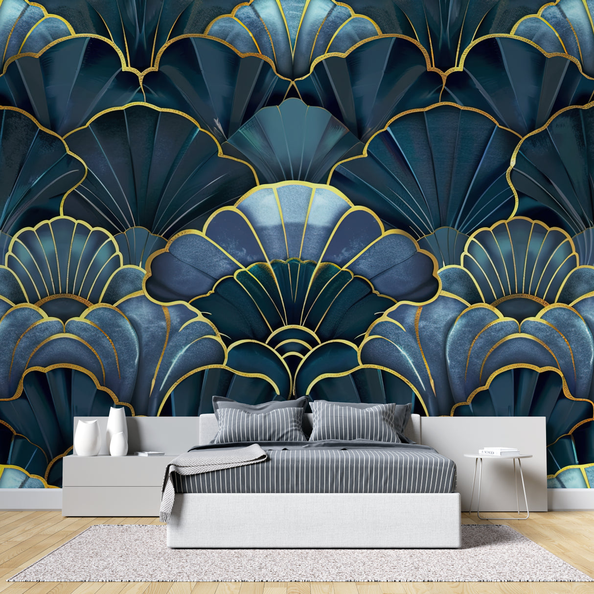 Art deco blue and gold fan pattern wallpaper in modern living room creating luxurious atmosphere
