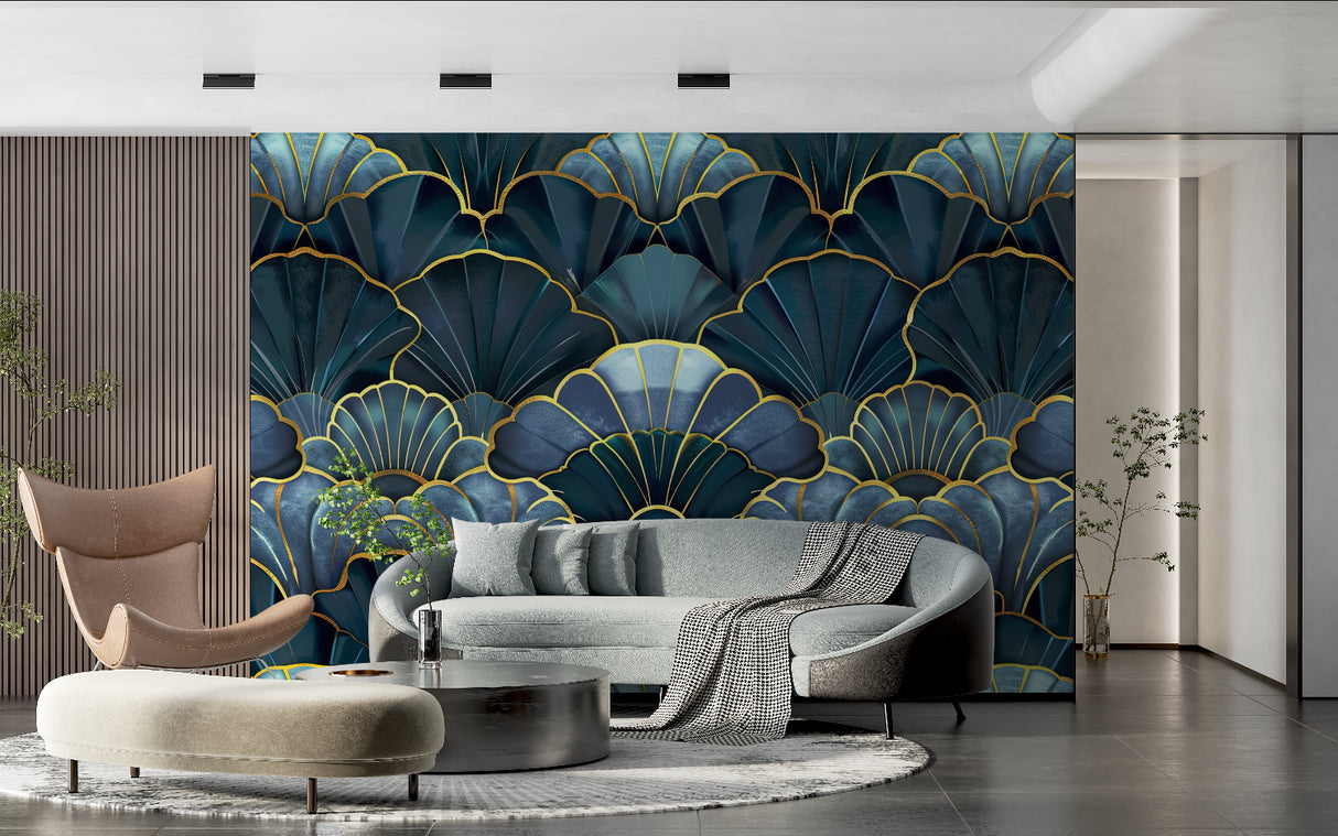 Art deco fan pattern mural in master bedroom with gold accents