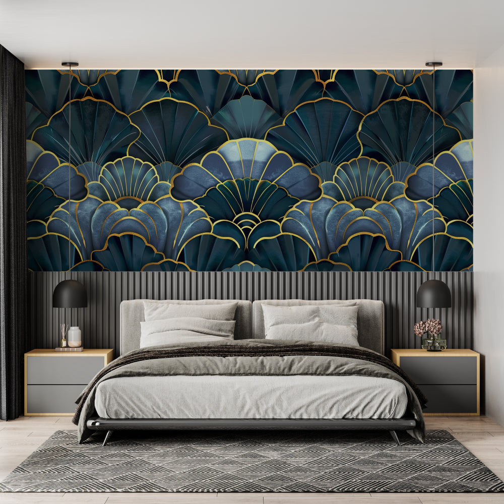 Geometric art deco wallpaper displayed in hotel lobby entrance