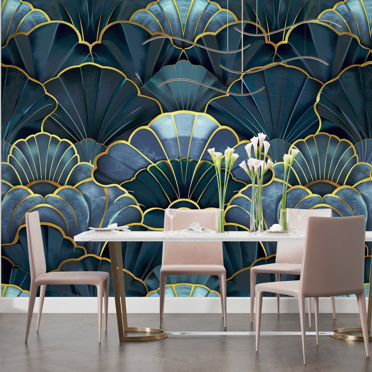 Blue and gold art deco pattern in upscale restaurant setting
