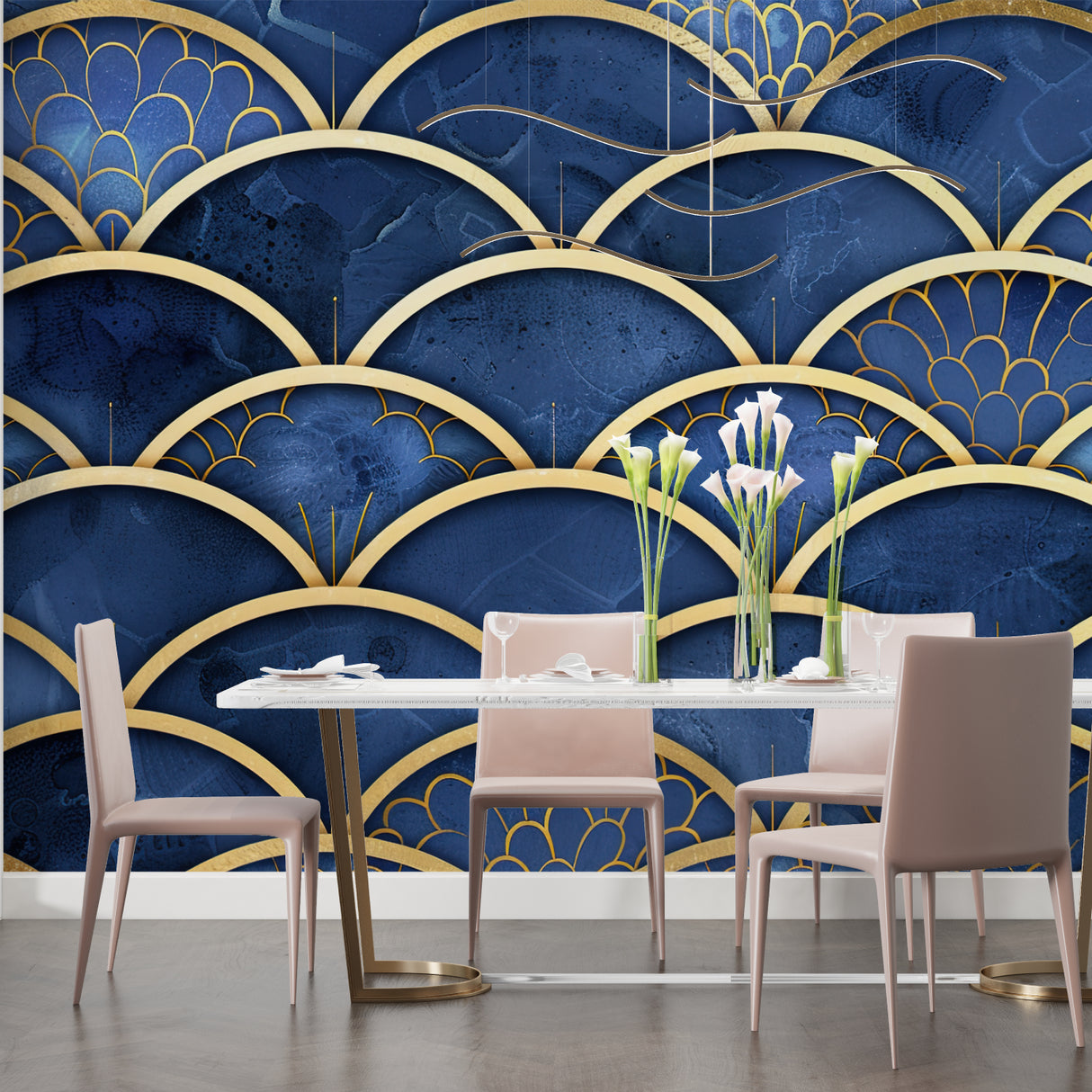 Art Deco geometric wallpaper in modern living room, navy blue and gold scales create luxury atmosphere