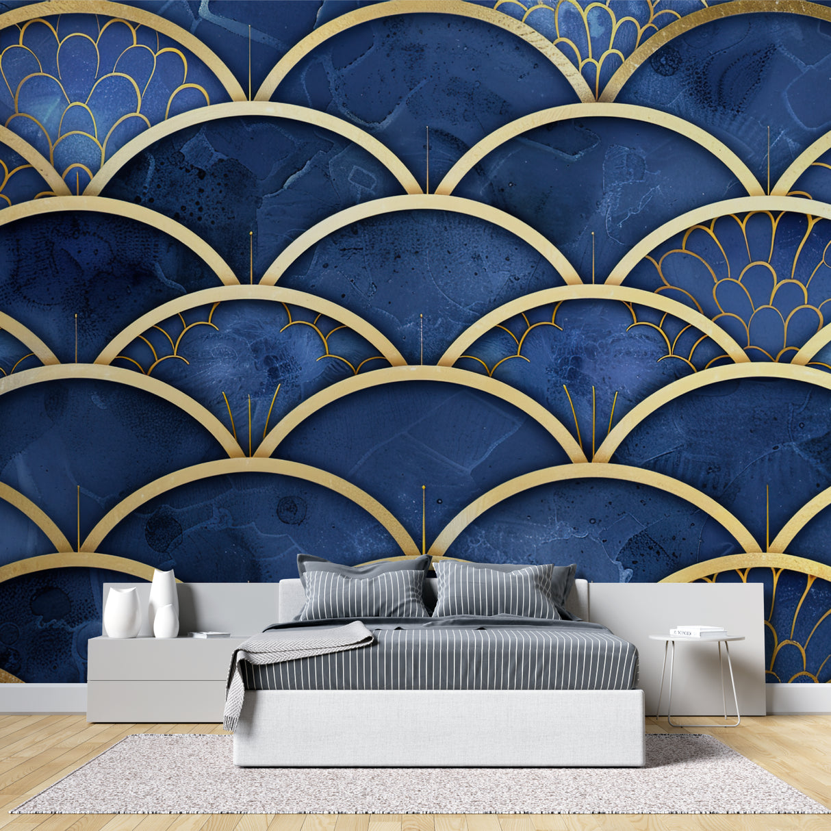 Blue and gold Art Deco wallpaper in dining room with crystal chandelier
