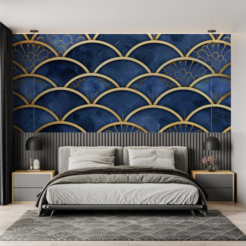 Master bedroom featuring geometric scale pattern wallpaper in navy and gold