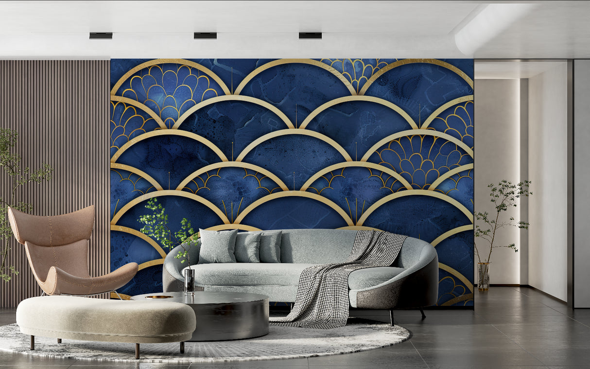 Home office with navy blue and gold geometric wallpaper creating professional ambiance
