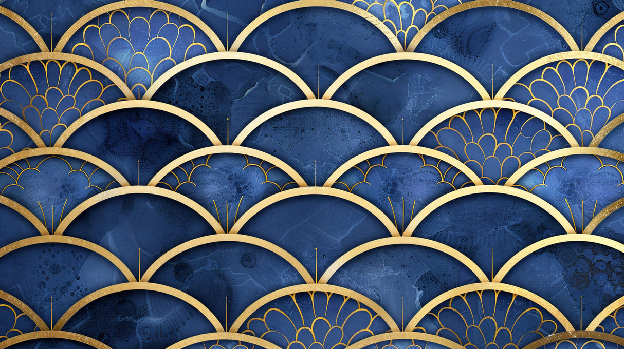 Art Deco geometric pattern design file showing intricate scale details in navy blue and gold