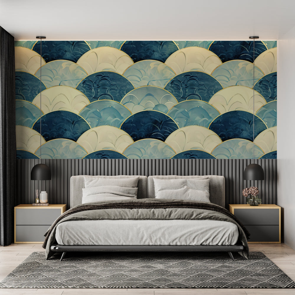 Japanese wave art deco wallpaper in modern living room with blue sofa and gold accents
