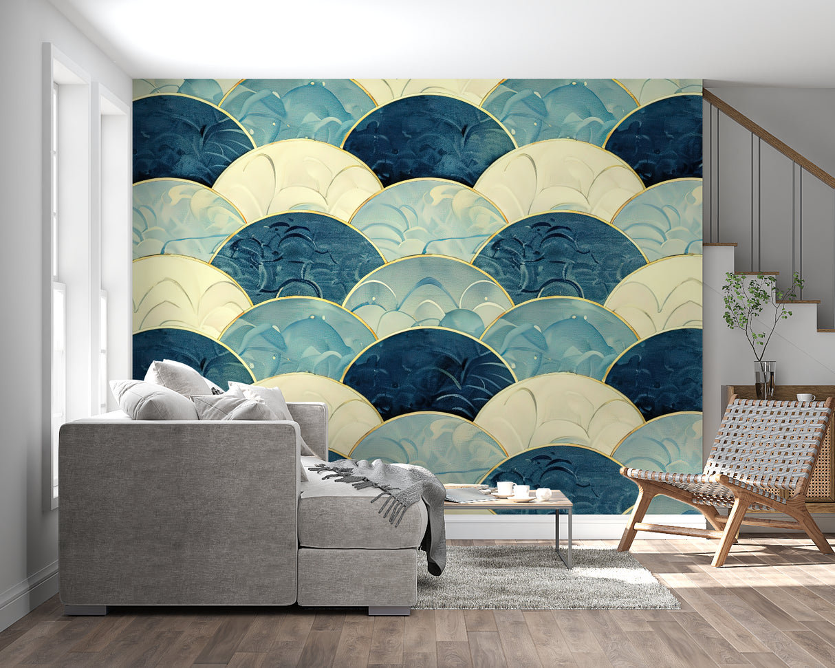 Art deco wave pattern wallpaper in luxury dining room with pendant lights