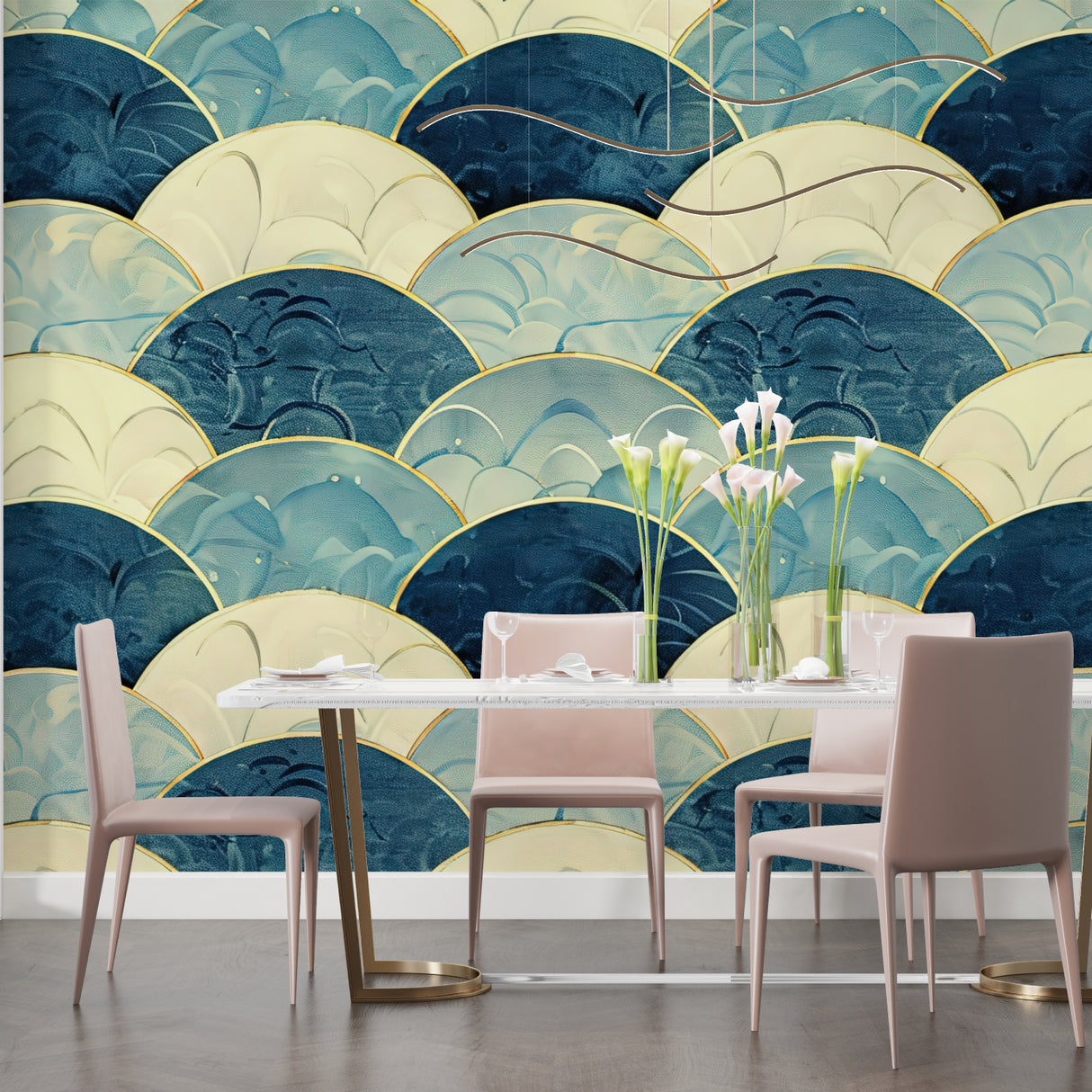 Blue and gold Japanese wave wallpaper in master bedroom with minimal furniture