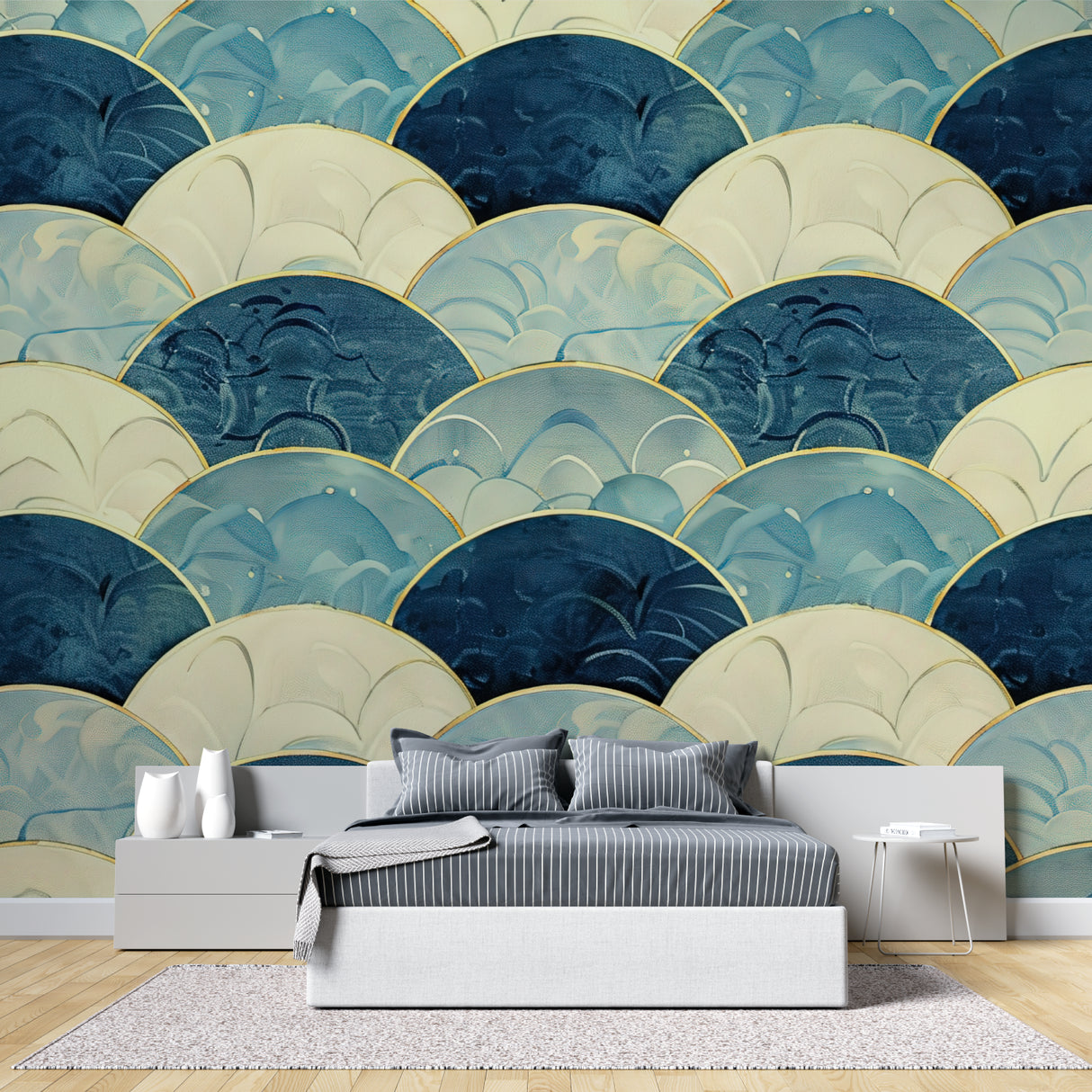 Art deco wallpaper feature wall in home office with brass details