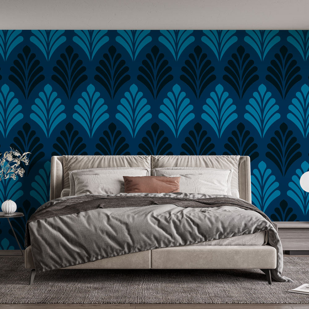 Blue Art Deco geometric wallpaper in a modern living room setting, showcasing fan pattern design with deep midnight tones