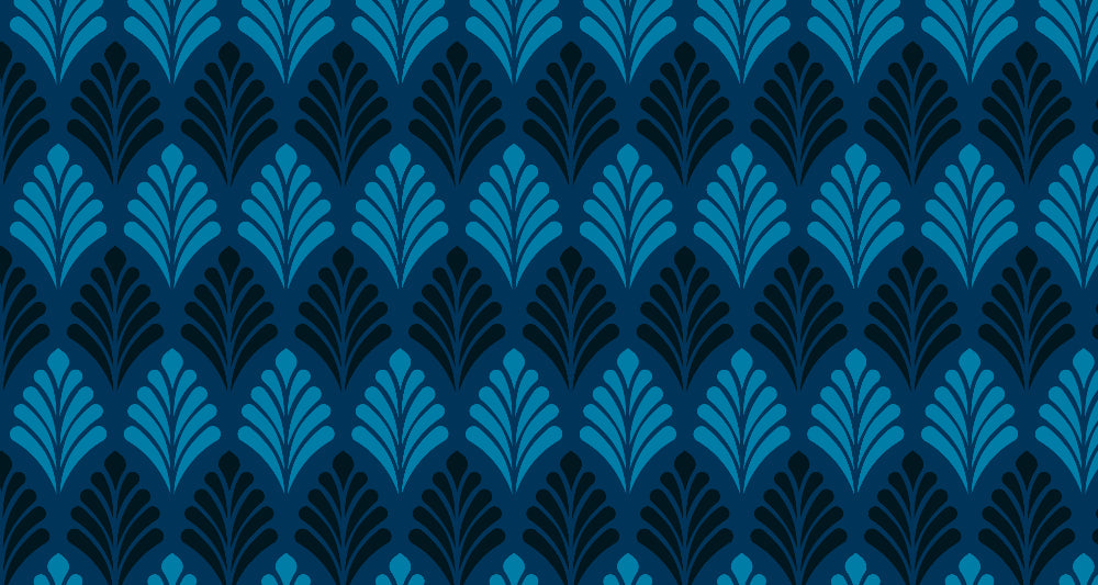 Art Deco fan pattern design file showing detailed geometric motifs in rich blue tones
