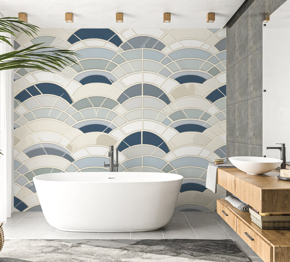 Blue geometric wave wallpaper in modern living room creating stunning Art Deco focal point