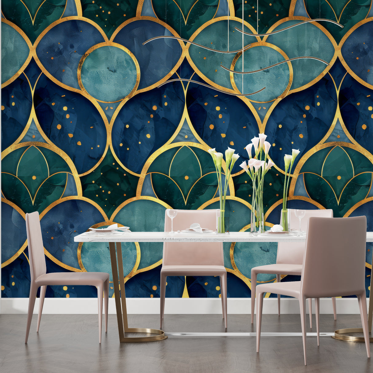 Art deco pattern wallpaper making statement in dining room with evening lighting