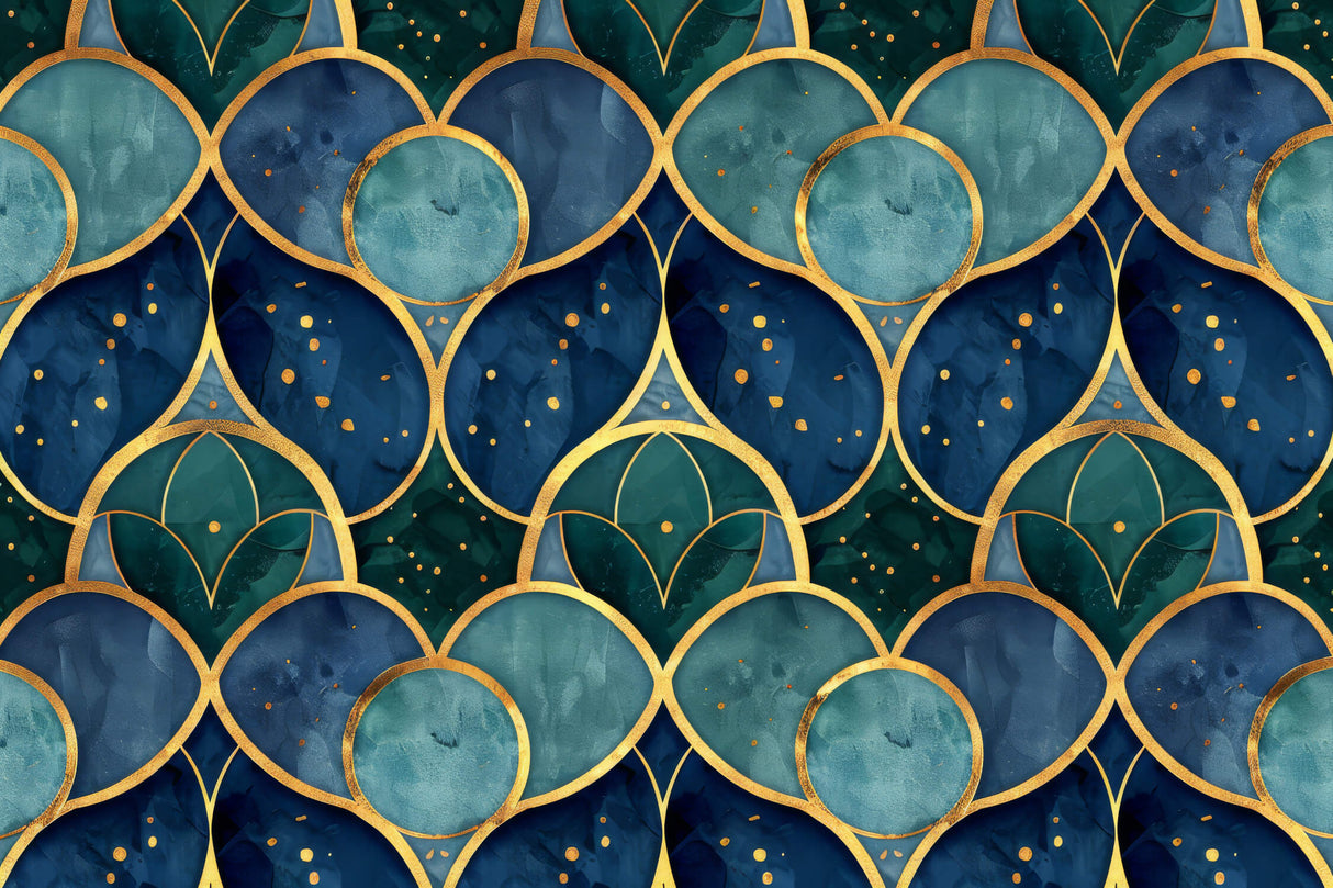 Art deco geometric pattern design file showing intricate gold details on blue-green background