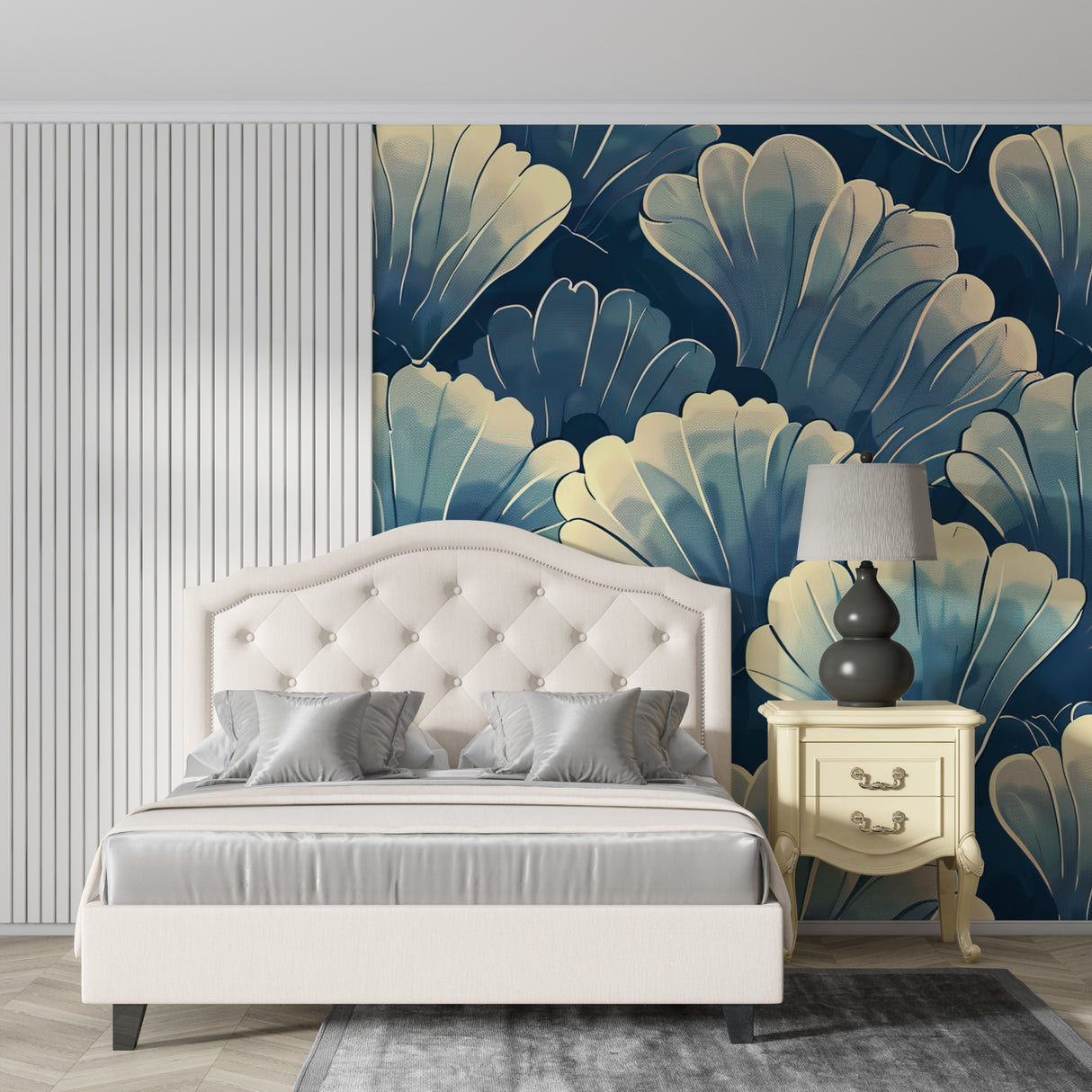 Blue shell Art Deco wallpaper in modern living room with grey sofa and brass accents