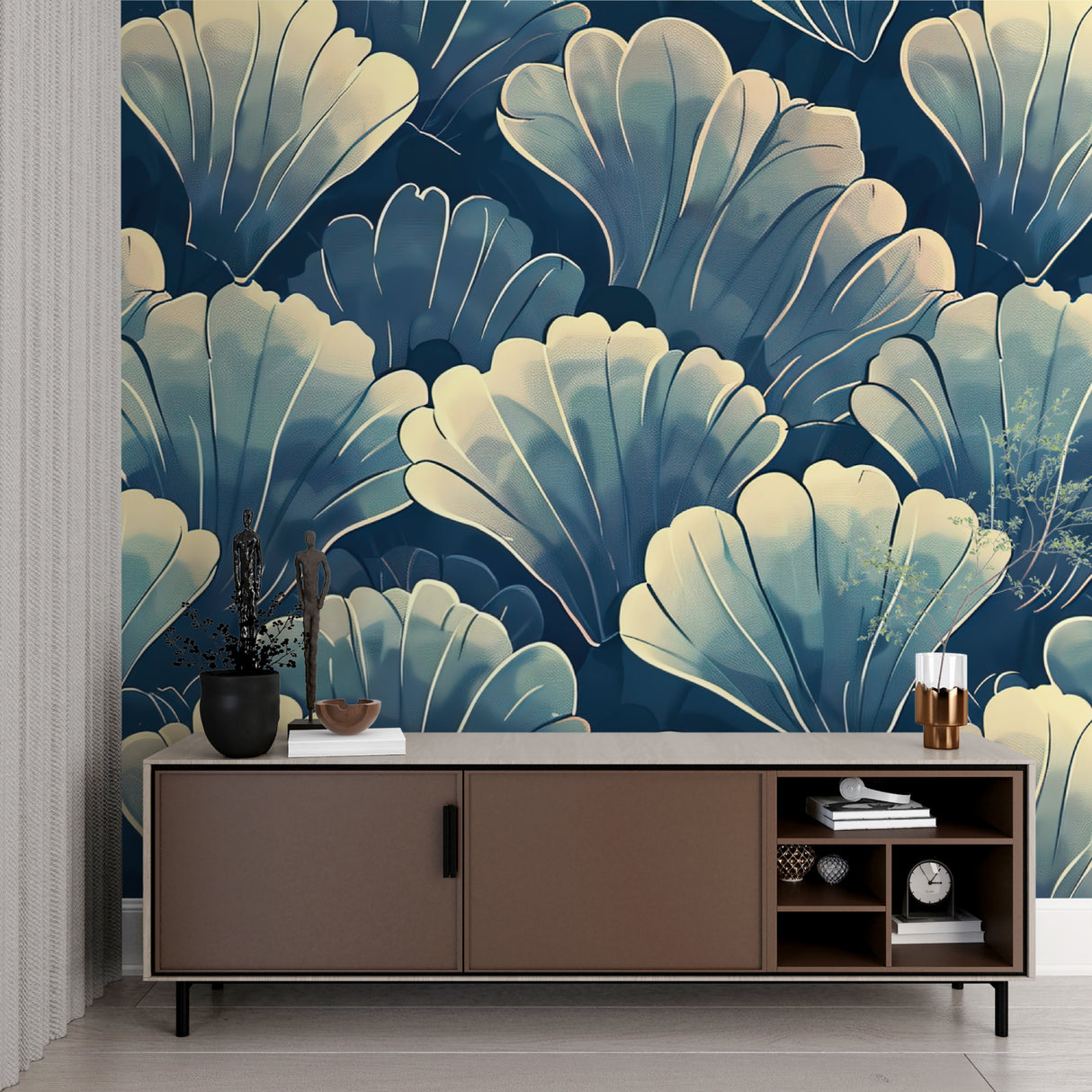 Elegant dining room featuring blue Art Deco shell pattern wallpaper with crystal chandelier