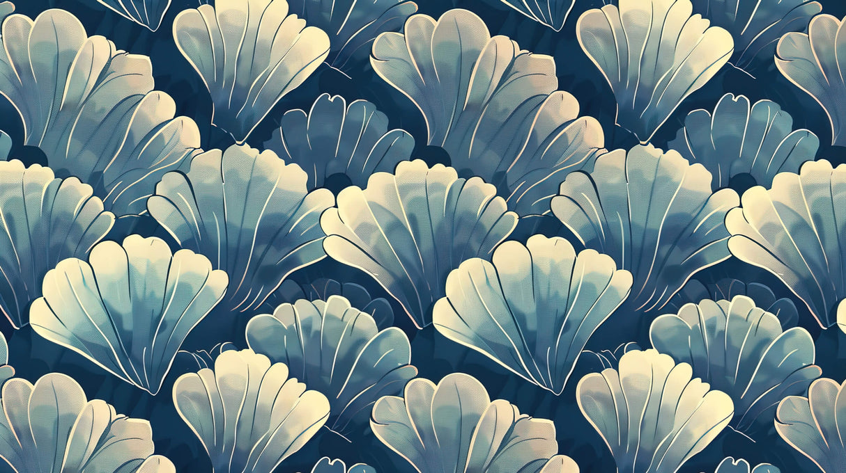 Art Deco shell pattern design file showing detailed navy blue and cream geometric motifs