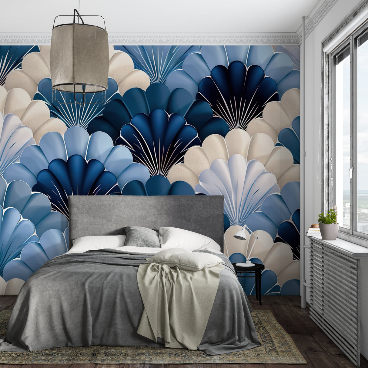 Blue geometric wallpaper in luxury hotel lobby showing shell motif
