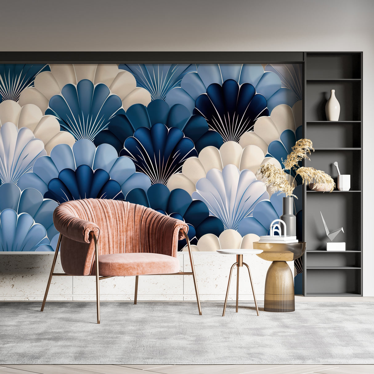 Art deco wall mural in master bedroom with beige furnishings