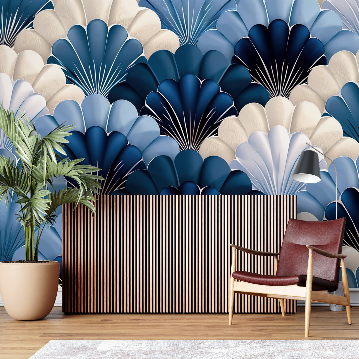 Shell pattern wallpaper in dining room with modern chandelier