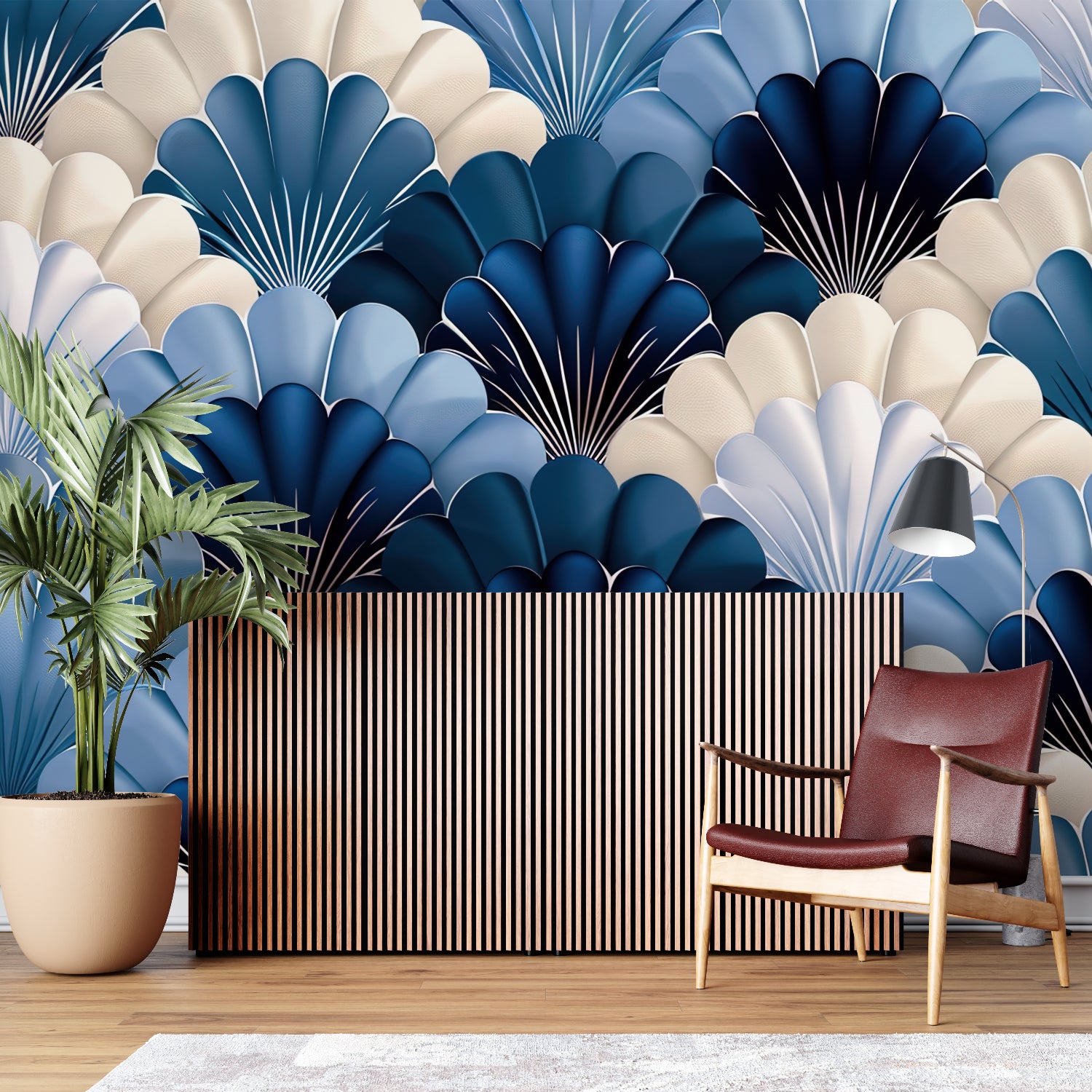 Shell pattern wallpaper in dining room with modern chandelier