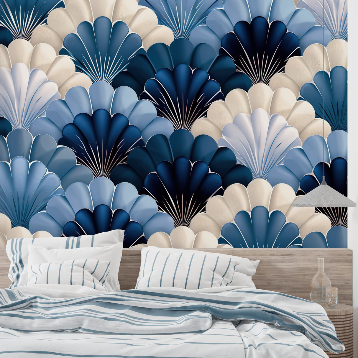 Blue art deco wallpaper in home office with brass accents