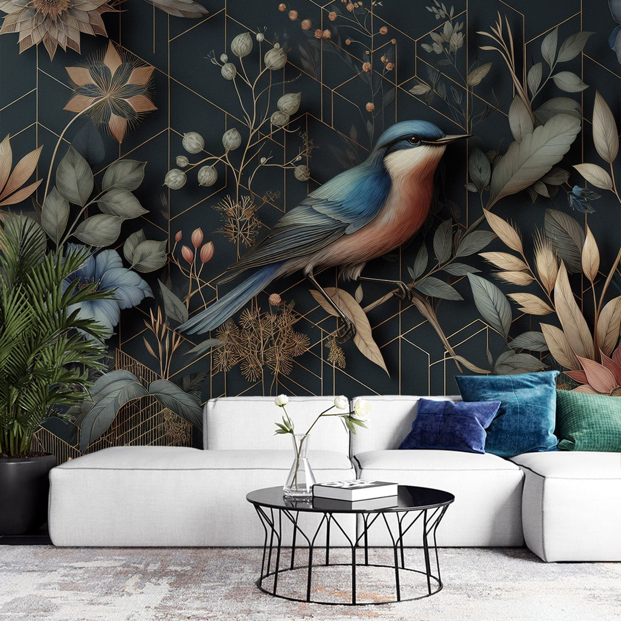 Art deco bird wallpaper with gold geometric design creating elegant atmosphere in a modern dining room