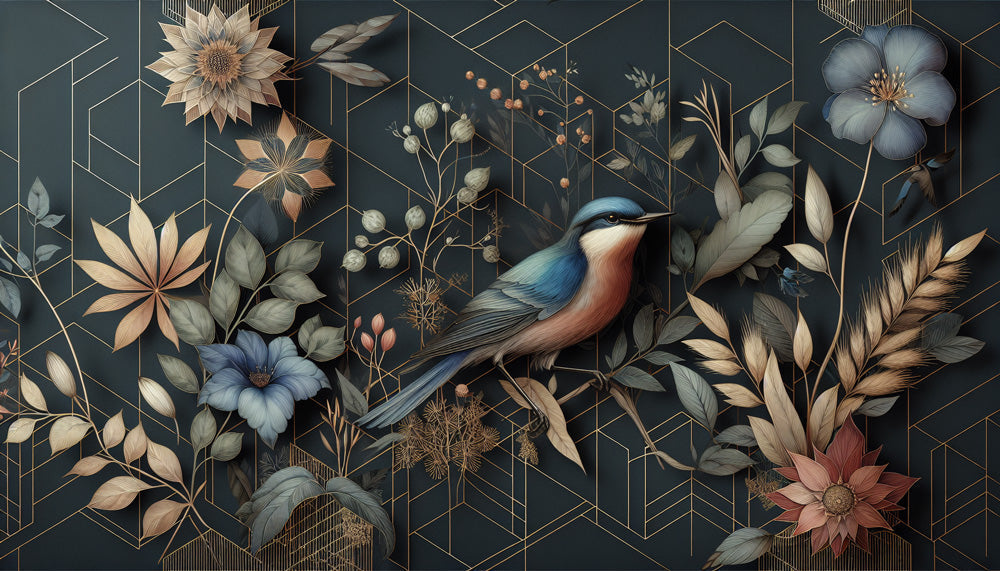 Art deco botanical bird design file showing intricate gold geometric patterns and nature elements