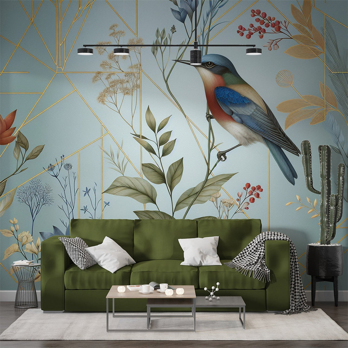 Art deco bird wallpaper with gold geometric lines creating an elegant atmosphere in a modern dining room setting