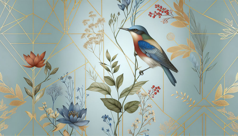 Botanical bird and gold geometric design file showing intricate pattern details and color palette
