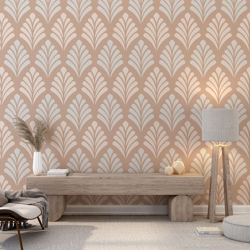 Art deco fan pattern wallpaper creating a stunning backdrop in a bright modern living room with vintage furniture