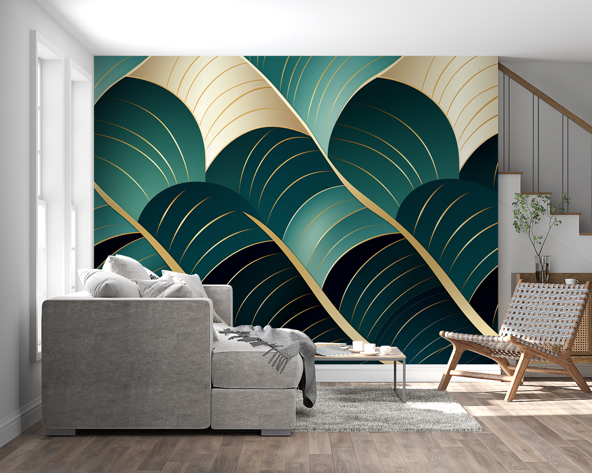 Green and gold art deco wallpaper making statement in dining room