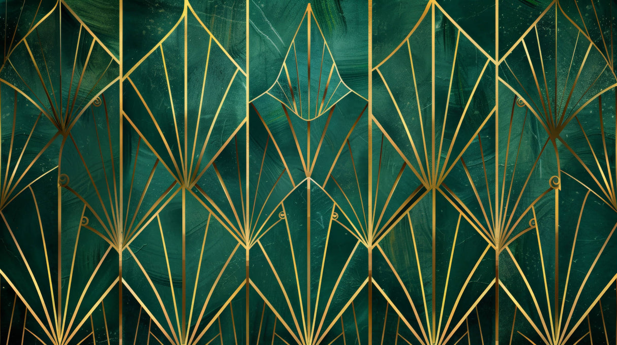 Art deco wallpaper design file showing detailed emerald green and gold geometric fan pattern