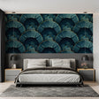 Art deco fan pattern wallpaper in emerald green showcased in a modern dining room with gold accents