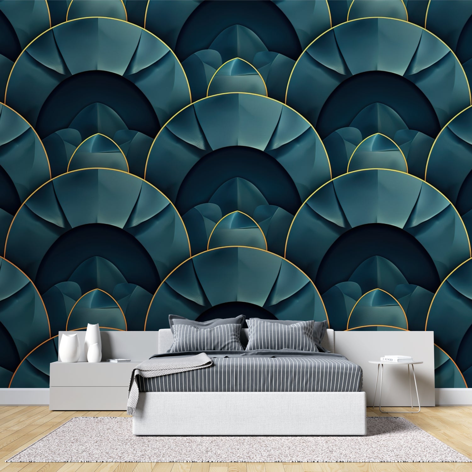 Art deco emerald green wall mural creating depth in a master bedroom setting