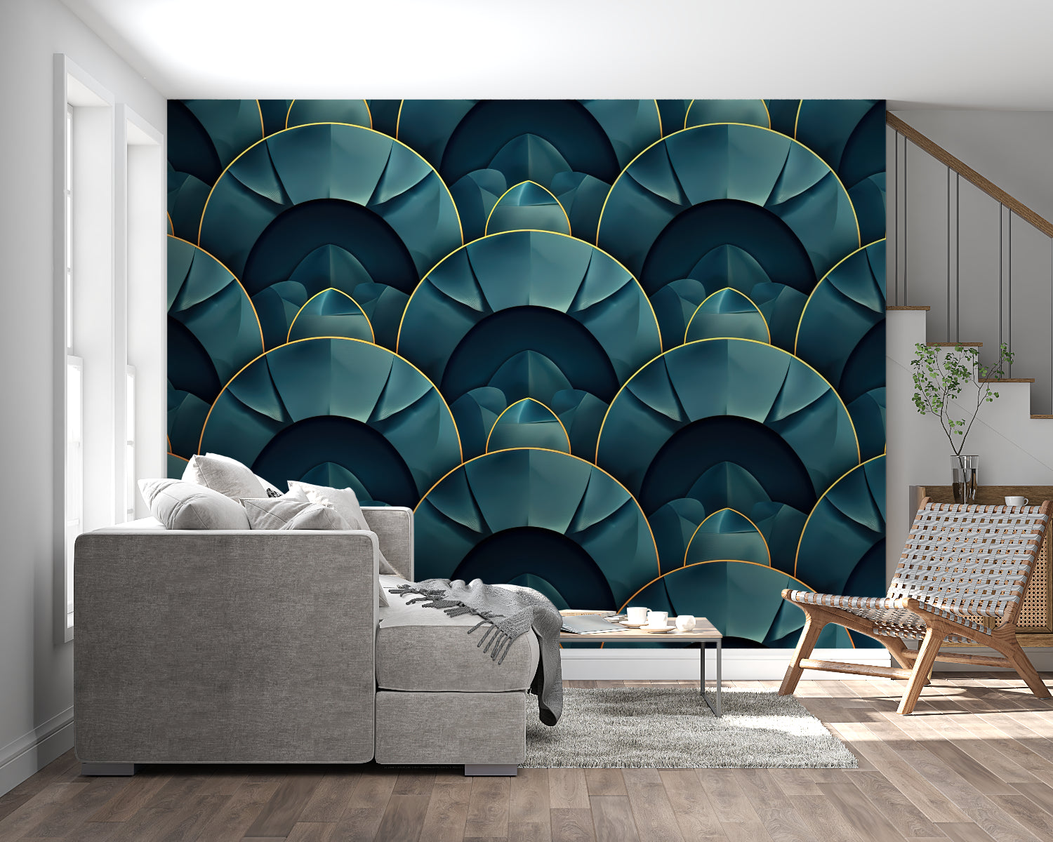 Art deco wallpaper featuring emerald fan design in an upscale restaurant interior