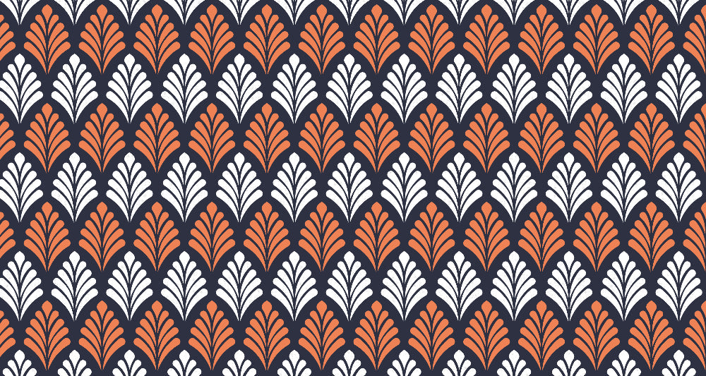 Art deco fan pattern wallpaper in orange and white creating a stunning focal point in a modern dining room