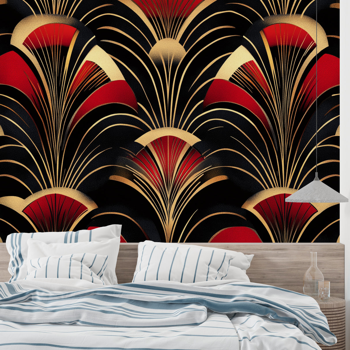 Art Deco fan pattern wallpaper in a luxury dining room, red and gold geometric design creating dramatic ambiance